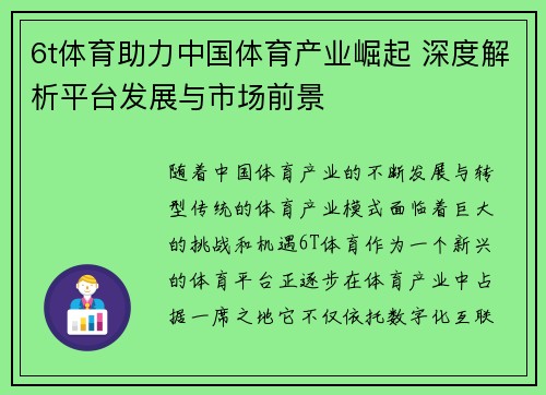 6t体育助力中国体育产业崛起 深度解析平台发展与市场前景